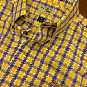 Perlis cotton button down- LSU/purple & yellow pattern